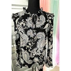 Tommy Hilfiger Women's Long Sleeve Navy Blue With White Paisley Blouse Size S